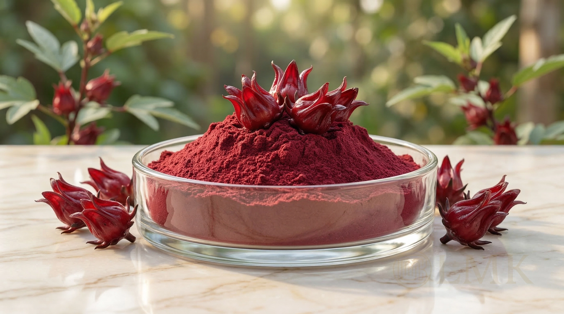 Bột chiết xuất hoa Hibiscus (Atiso đỏ) nguyên chất giàu Anthocyanins hỗ trợ hạ huyết áp tự nhiên và chống oxy hóa mạnh mẽ.