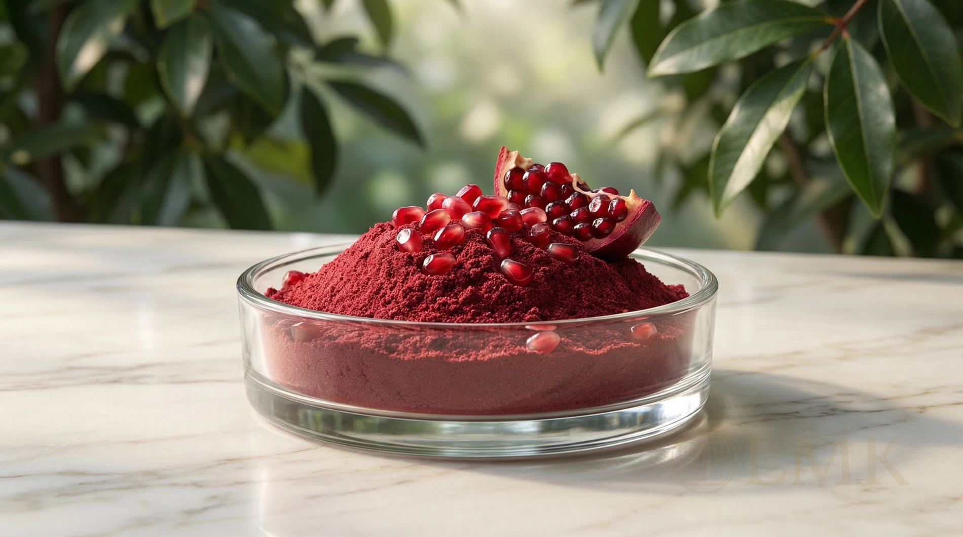 Cận cảnh bột hạt lựu nguyên chất (Pomegranate Seed Powder) màu đỏ tía mịn màng, cho sức khỏe tim mạch và chống oxy hóa.